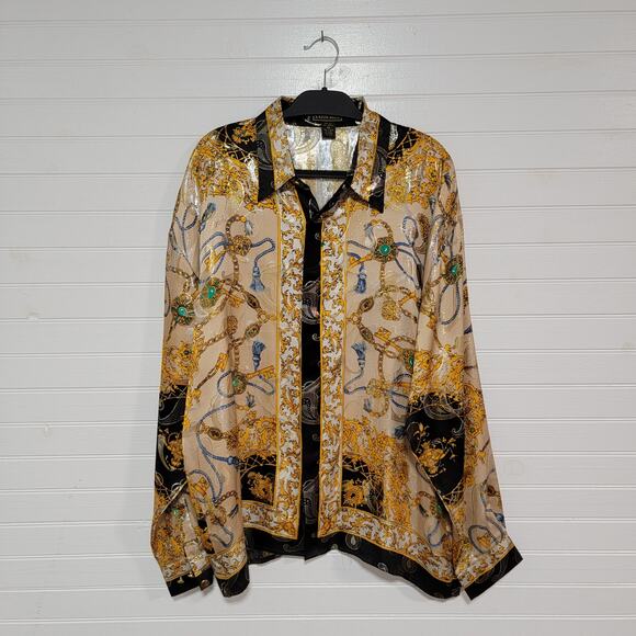 Metallic Satin Silk Button Up Shirt Mens Size XXL Golden Baroque Key Chain Print